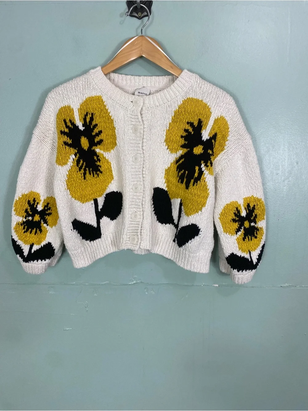 Anthropologie Maeve Elbow Sleeve Cardgan Sweater Floral Ivory Yellow Small - Picture 1 of 6
